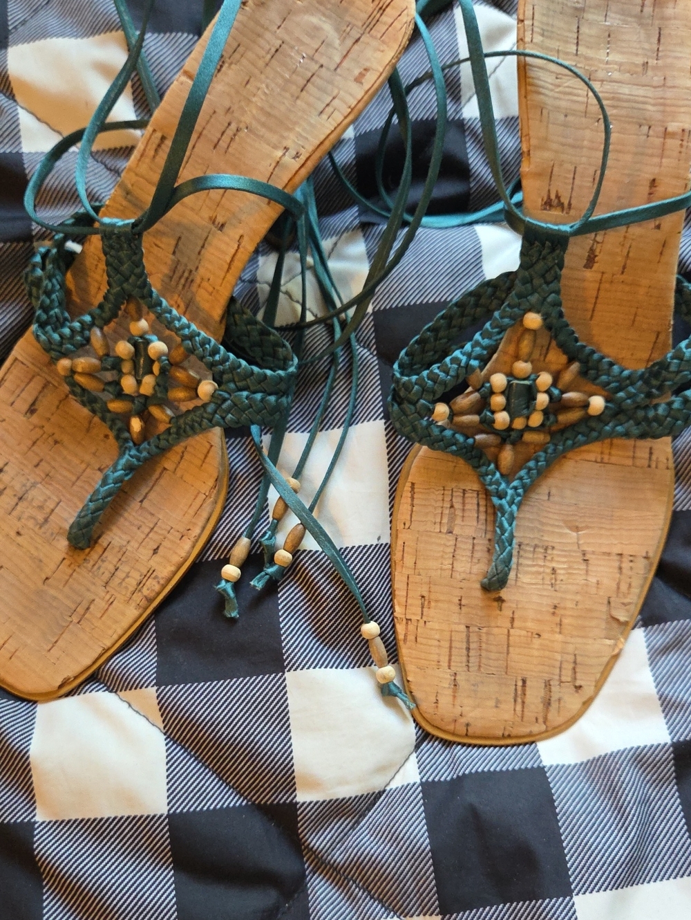 Nine West Teal Braided Beaded Lace-Up Sandals